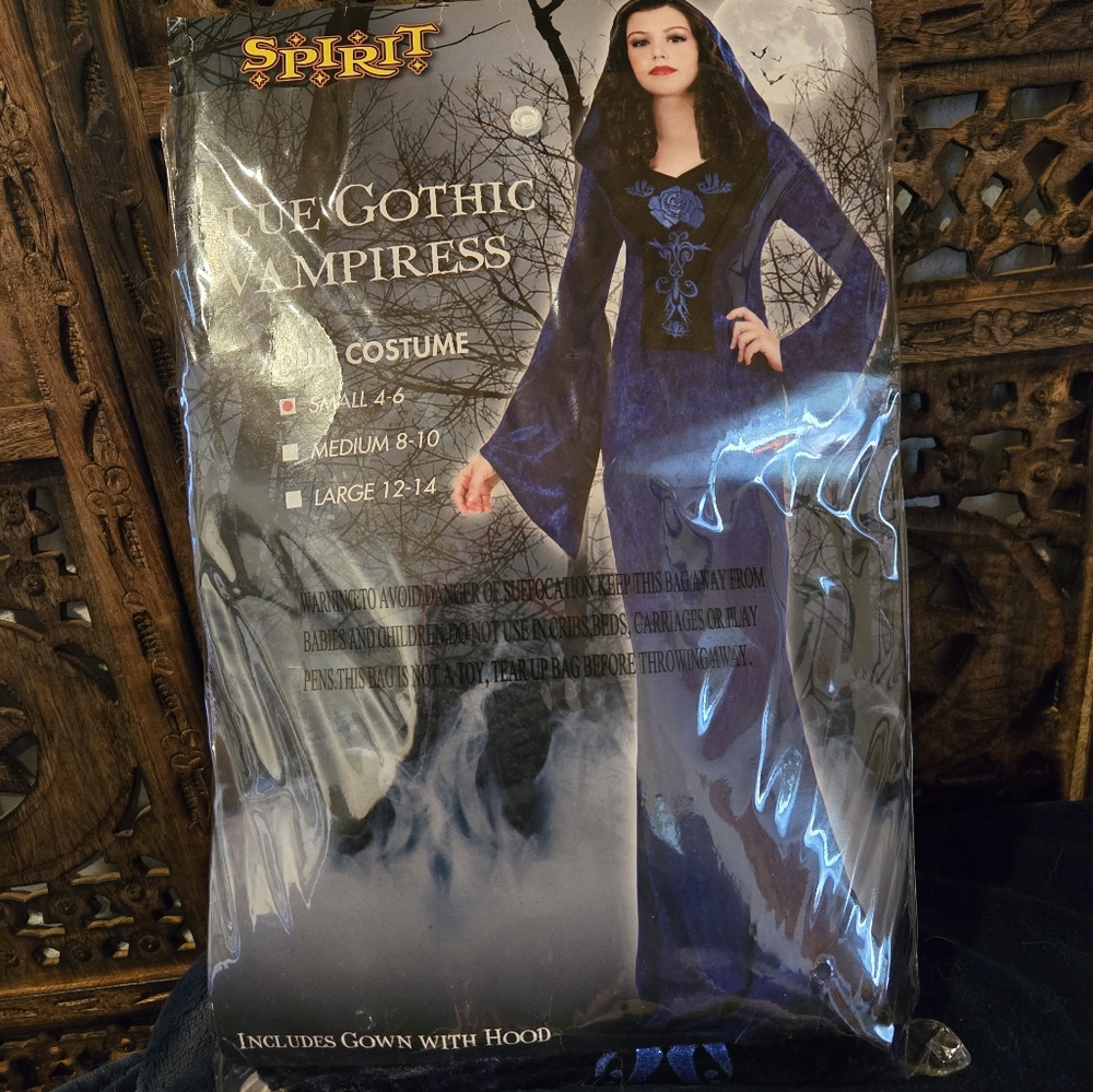 Dark Blue Gothic Velvet Vampire Dress Robe Gown Hood Bell Sleeve Sz S blue ring